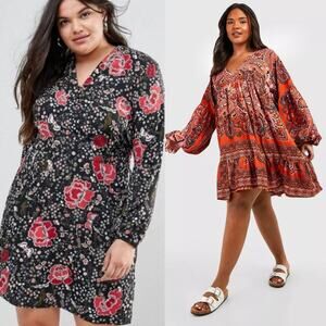 Boohoo & Junarose Floral & Scarf Print Oversized Smock Dress Bundle Size 16